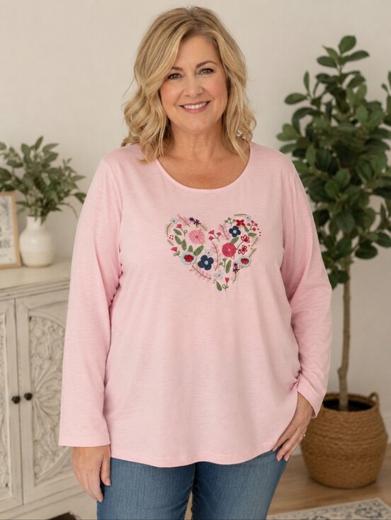 Coldwater Creek Tops - Coldwater Creek Embroidered Heart Floral Tee Pink 3X Cottagecore Boho Top